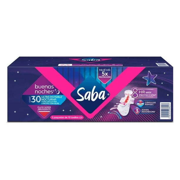 Toallas Femeninas Saba Nocturna Ultra Invisible 30 pzas