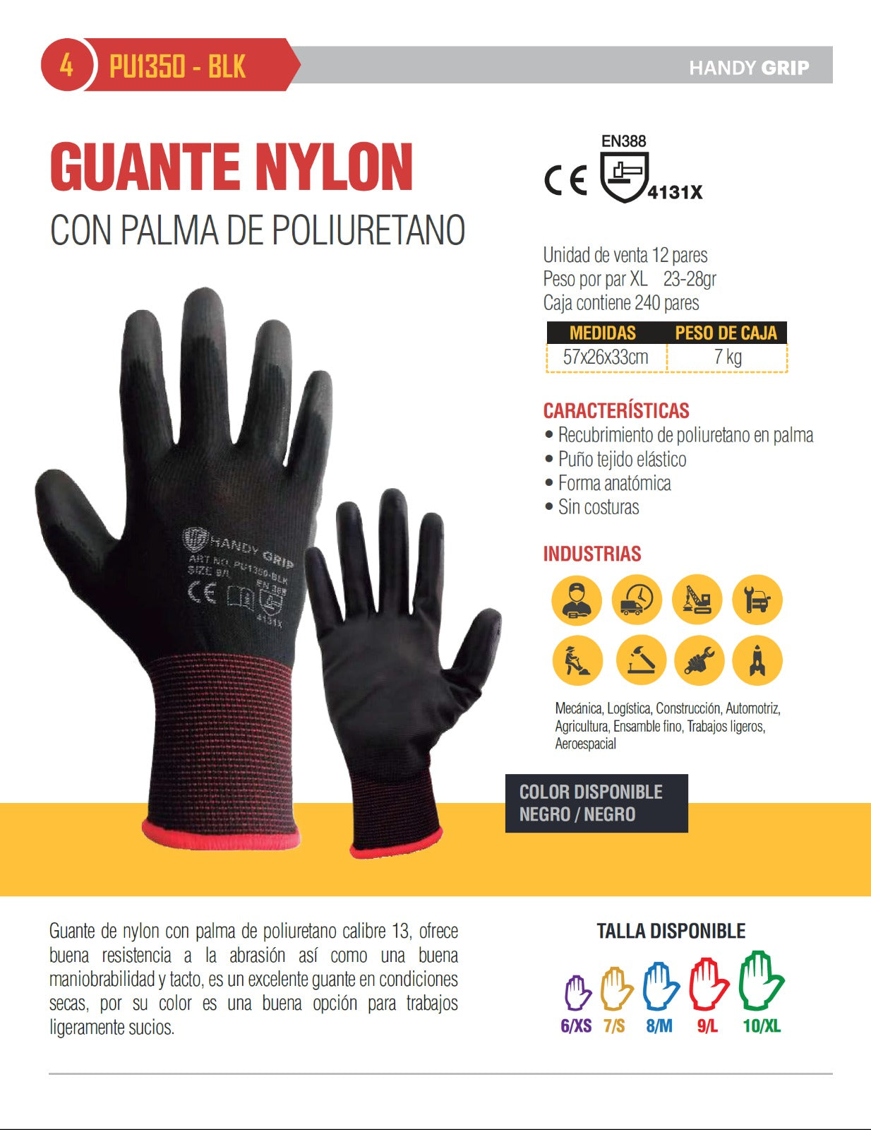 Guante de Nylon Handy Grip PU1350-BLK