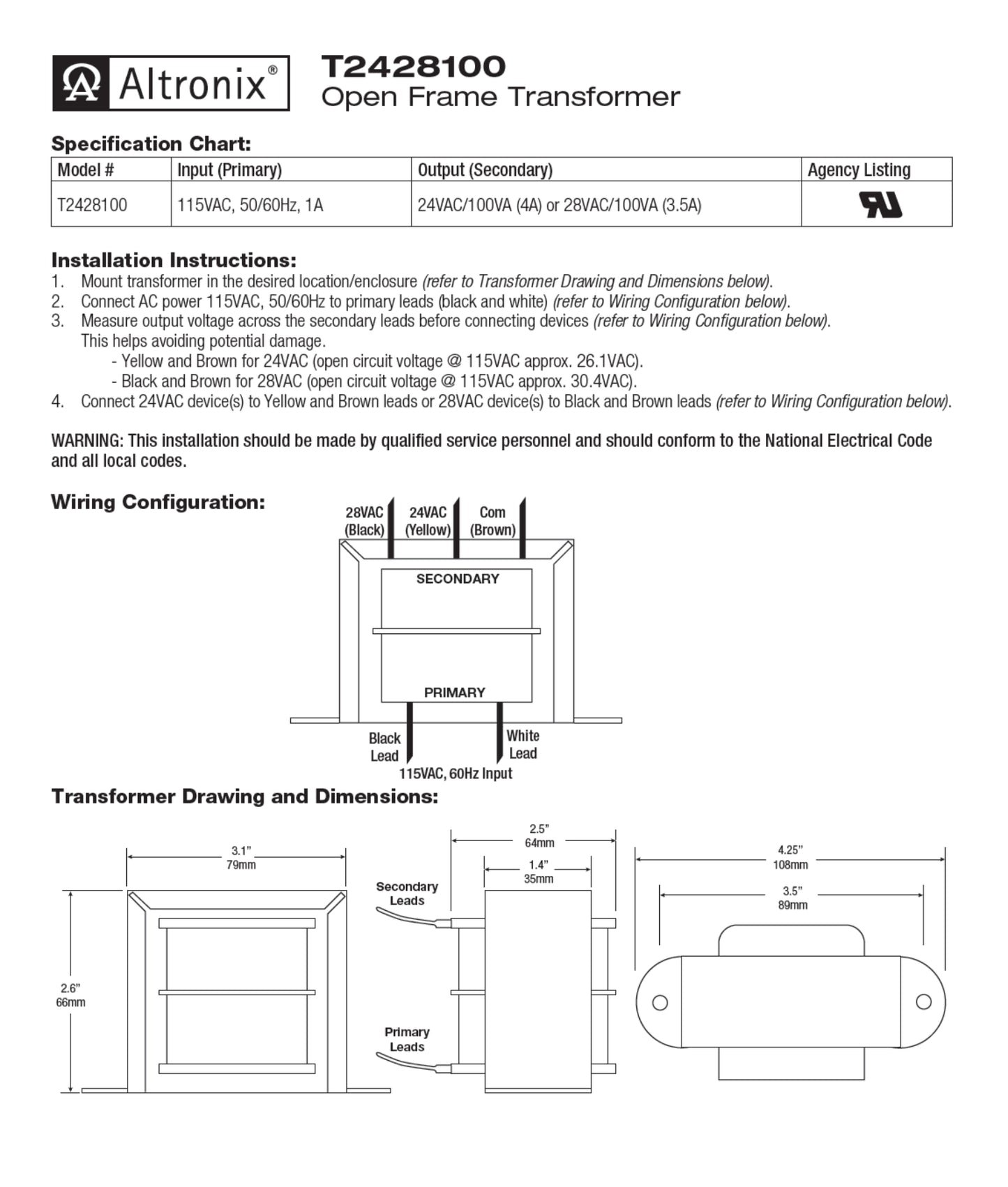 Transformador De Corriente Altronix T2428100